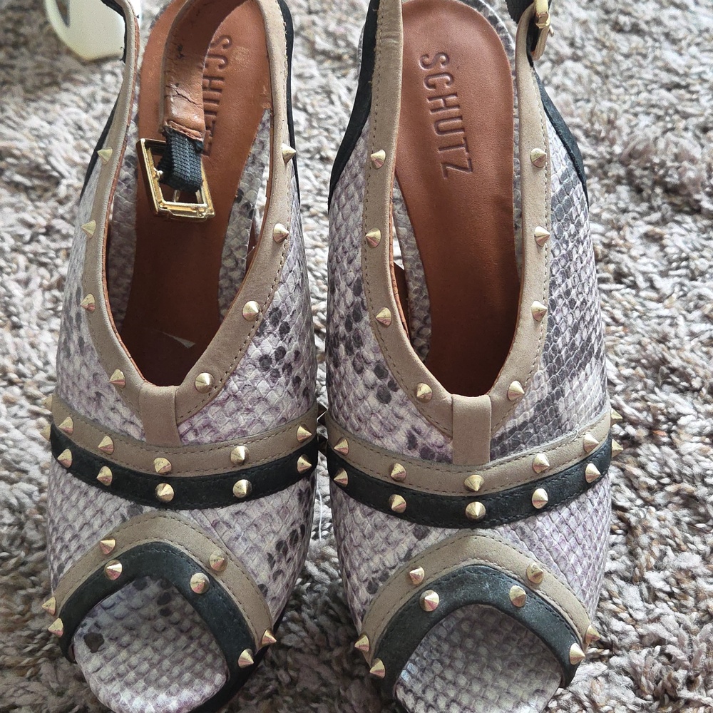 Schutz Snakeskin Studded Slingback Heels Sandals - Picture 4 of 6